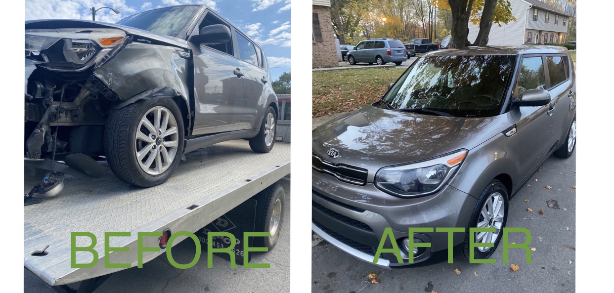 Kia Soul before and after body repairs, from the shop’s public photo archive